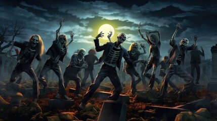 A comical scene featuring a group of zombies practicing their dance moves for a Halloween party, with tombstones and a moonlit sky as their backdrop, adding humor to the spooky theme - Generative ai