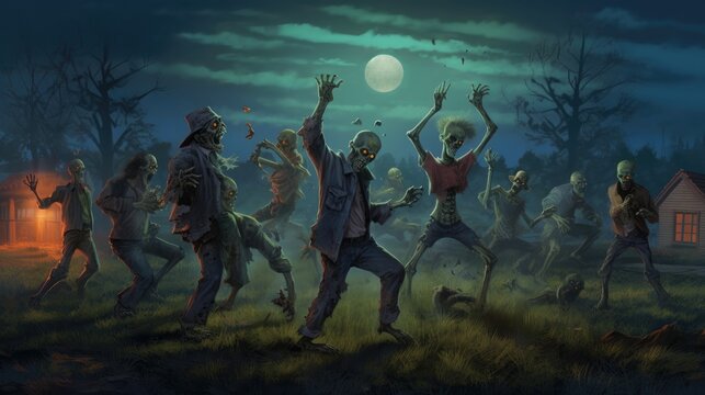A comical scene featuring a group of zombies practicing their dance moves for a Halloween party, with tombstones and a moonlit sky as their backdrop, adding humor to the spooky theme - Generative ai