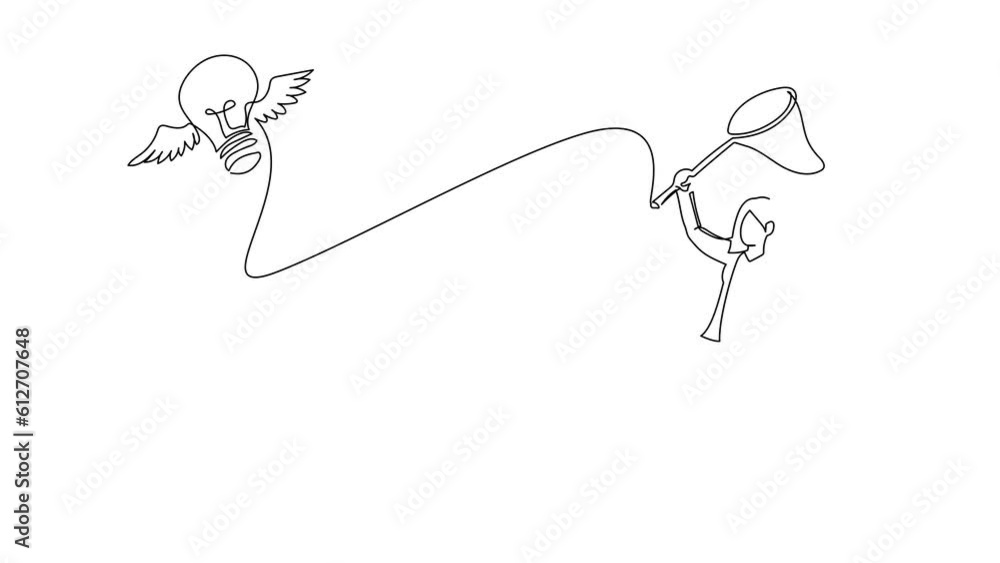Aufkleber self drawing animation of single one line draw businesswoman try to catching flying light bulb with 