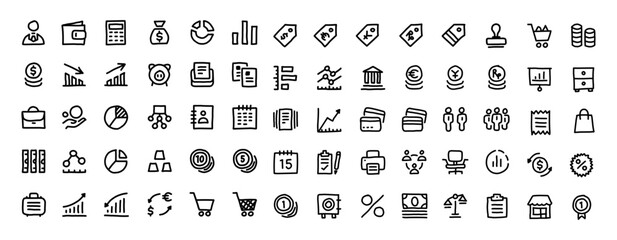 vector finance and business icon in doodle style including, tag, money, cart, coin, bank, currency, wallet and more.