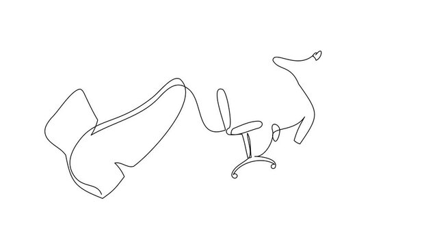 Animated self drawing of continuous line draw active small businessman kicked out by big foot. Office worker kick away from chair by giant feet. Minimalism metaphor. Full length one line animation