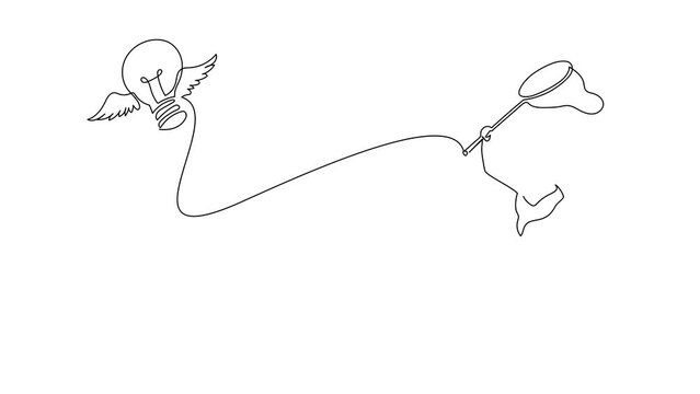 Animated self drawing of continuous line draw Arab businesswoman try to catching flying light bulb with butterfly net. Losing brilliant idea for business improvement. Full length one line animation