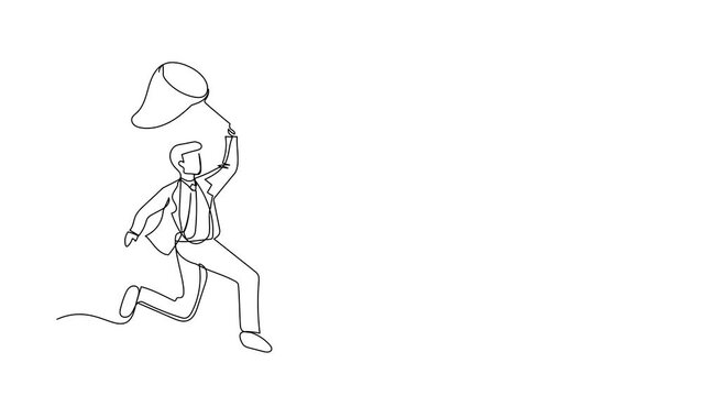 Animated self drawing of continuous line draw businessman try to catching flying light bulb with butterfly net. Searching inspiration, creative. Business metaphor. Full length single line animation