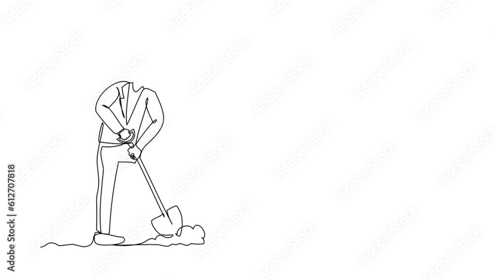 Poster self drawing animation of single line draw positive businessman digging in dirt using shovel. manage