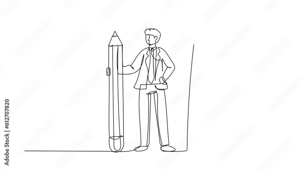Poster animated self drawing of continuous line draw businessman holding big pencil looking at completed ch