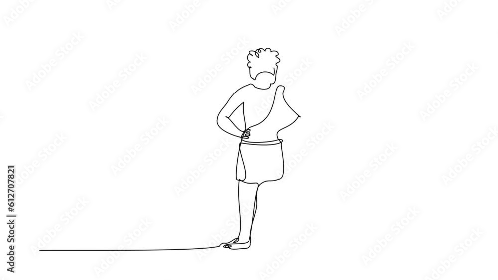 Poster animated self drawing of continuous line draw prehistoric man standing with hands on waist pose. pre