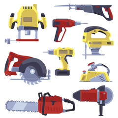 Fototapeta premium Set of red and yellow power tools flat style, vector illustration