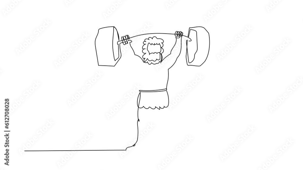 Poster animated self drawing of single continuous line draw prehistoric man lifting barbell stone. weightli