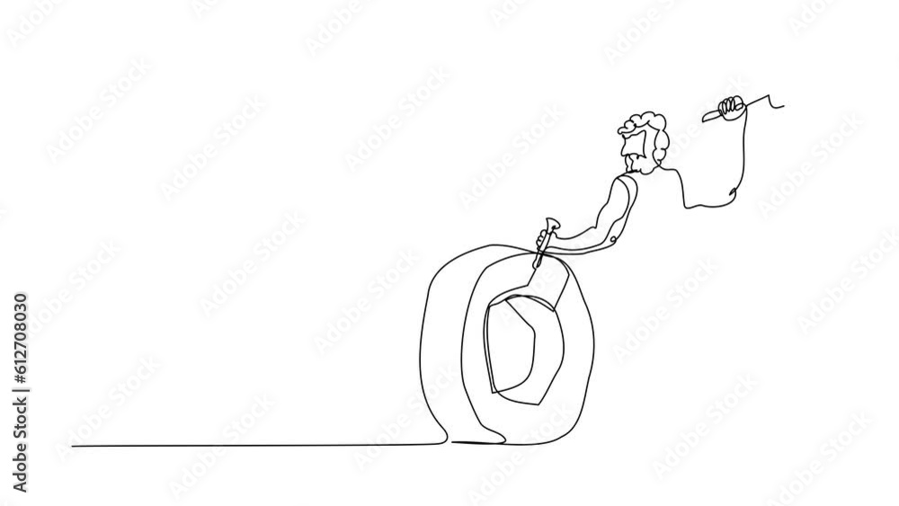 Poster self drawing animation of single one line draw caveman inventing the wheel. prehistoric people compo