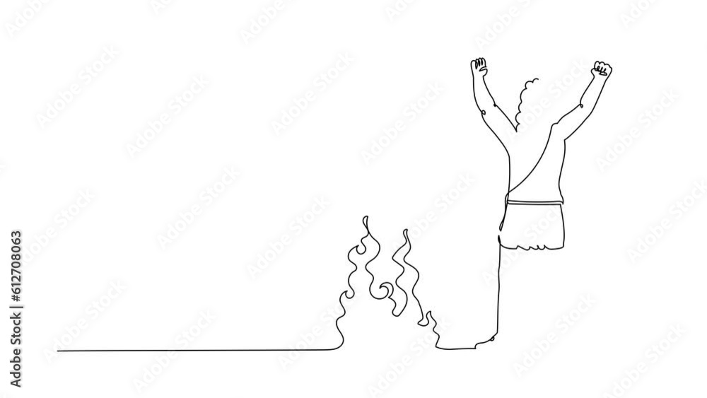 Poster animated self drawing of continuous line draw caveman stands and raised his hands around campfire. p