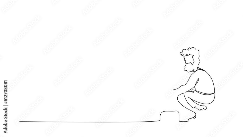 Poster animated self drawing of continuous one line draw caveman daily activity in cave. man making fire by