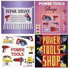Set of squared banners about power tools shop and repair service flat style