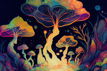 Fototapeta na wymiar bright colourful galactic , myth mycelium intrica ,Style illustration, colorful, psychedelic colors