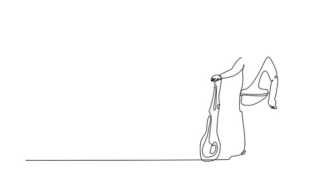 Self drawing animation of single line draw primitive archaic dressed in clothes made of animal skin holding cudgel. Caveman from stone age. Neanderthal hunter. Continuous line. Full length animated