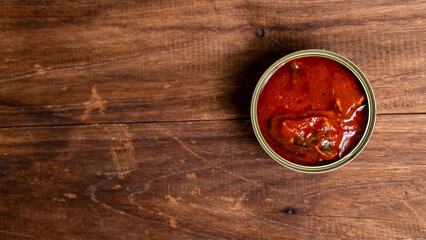 Canned food top view photo, Cans with pull-out ring, metal packaging.