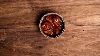 Canned food top view photo, Cans with pull-out ring, metal packaging.