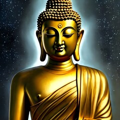 Buddha with the infinite universe as a background for calm and tranquility.