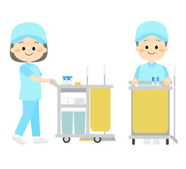 清掃用具カートと笑顔の清掃スタッフ