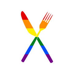 Fork and Knife sign. Rainbow gay LGBT rights colored Icon at white Background. Illustration.