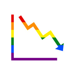 Arrow pointing downwards showing crisis. Rainbow gay LGBT rights colored Icon at white Background. Illustration.