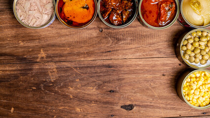Canned food top view photo, Cans with pull-out ring, metal packaging.