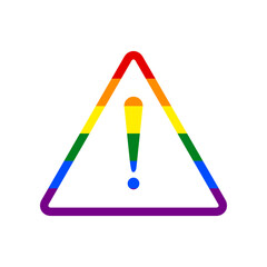 Exclamation danger sign. Flat style. Rainbow gay LGBT rights colored Icon at white Background. Illustration.