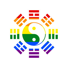Yin and yang sign with bagua arrangement. Rainbow gay LGBT rights colored Icon at white Background. Illustration.