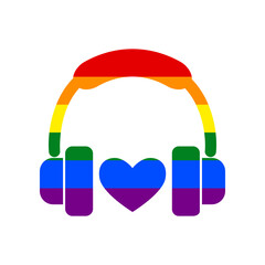Headphones with heart. Rainbow gay LGBT rights colored Icon at white Background. Illustration.
