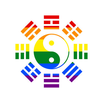 Yin and yang sign with bagua arrangement. Rainbow gay LGBT rights colored Icon at white Background. Illustration.
