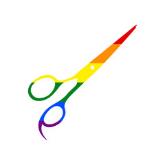 Hair cutting scissors sign. Rainbow gay LGBT rights colored Icon at white Background. Illustration.