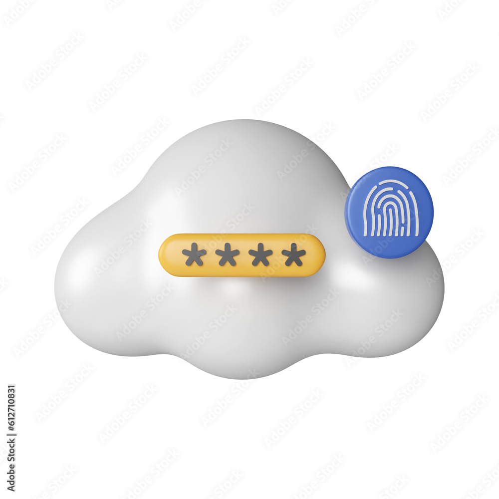 Poster 3d fluffy cloud and password unlock. security concept. icon isolated on white background. 3d renderi