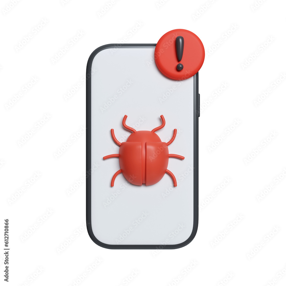 Poster 3d smartphone with virus bug. data protection or digital online security concept. icon isolated on w