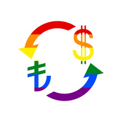 Currency exchange sign. Turkey Lira and US Dollar. Rainbow gay LGBT rights colored Icon at white Background. Illustration.