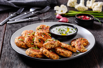 cauliflower patties on plate with yogurt sauce