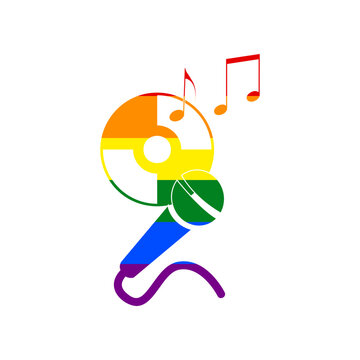 Compact disk with music notes and microphone sign. Rainbow gay LGBT rights colored Icon at white Background. Illustration.