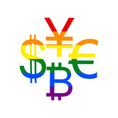 Currency sign collection dollar, euro, bitcoin, yen. Rainbow gay LGBT rights colored Icon at white Background. Illustration.