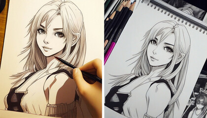 Bleistiftzeichnung von einer Frau für einen Manga Anime, künstlerische Zeichnung, Generative AI 