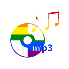 Compact disk with music notes. mp3 sign. Rainbow gay LGBT rights colored Icon at white Background. Illustration.