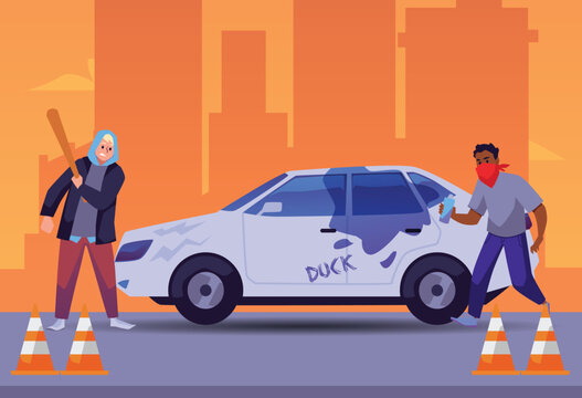 Street hooligans beating car with bat and painting on it, flat vector illustration.