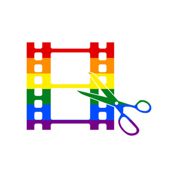 Scissors cutting film shot. Editing sign. Rainbow gay LGBT rights colored Icon at white Background. Illustration.