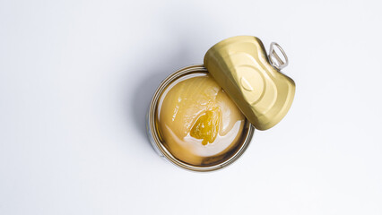 Canned food top view photo, Cans with pull-out ring, metal packaging.