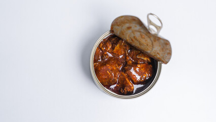 Canned food top view photo, Cans with pull-out ring, metal packaging.