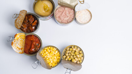 Canned food top view photo, Cans with pull-out ring, metal packaging.