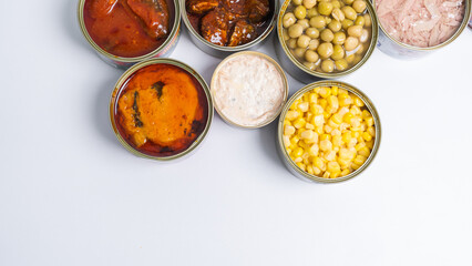 Canned food top view photo, Cans with pull-out ring, metal packaging.