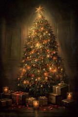 Fototapeta premium Christmas tree with presents and lights. Generative AI