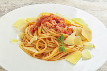 Italian pasta Spaghetti bolognese with parmesan