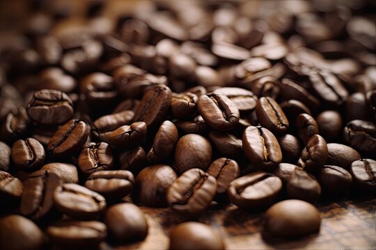 Close up Stock Photo of Coffee Beans on Table. Aromatic Roasted Espresso in Dark Roast Arabica Beans in Coffee Shop