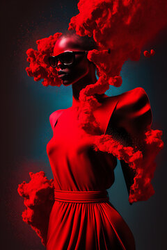 black woman in red dress with red smoke and clouds in front of a dark background with a blue electric light, generative ai