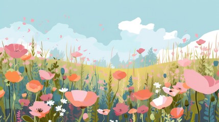 Fototapeta na wymiar Illustration of a flower meadow in spring. Generative AI