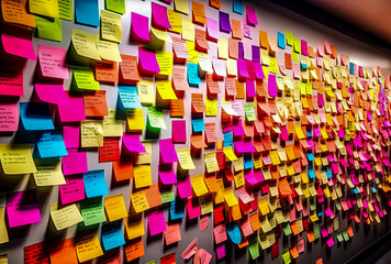 colorful sticky notes on a white wall, generative ai